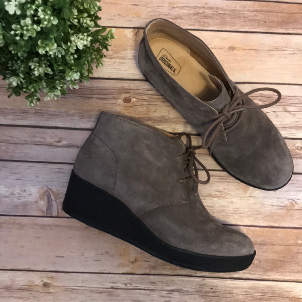 Clarks Gray Suede Ankle Boots with Black Sole